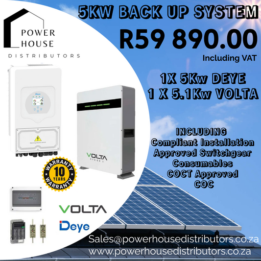 Installed: 5KW DEYE & VOLTA Back Up Power System (Western Cape Only)