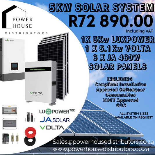 Installed: 5KW LUXPOWER, VOLTA & JA Solar System & Back Up Power (Western Cape Only)